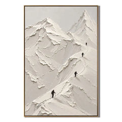 Ownanart Hand-Painted White Snow Mountain Textured Oil Painting – Minimalist 3D Impasto Alpine Peaks with Mountain Climbers, Neutral Abstract Landscape Wall Art for Modern Living Room #OA 1425