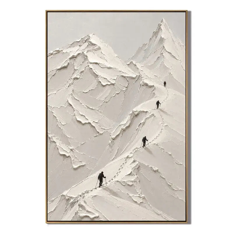 Ownanart Hand-Painted White Snow Mountain Textured Oil Painting – Minimalist 3D Impasto Alpine Peaks with Mountain Climbers, Neutral Abstract Landscape Wall Art for Modern Living Room #OA 1425