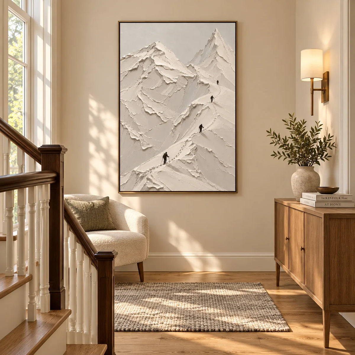 Ownanart Hand-Painted White Snow Mountain Textured Oil Painting – Minimalist 3D Impasto Alpine Peaks with Mountain Climbers, Neutral Abstract Landscape Wall Art for Modern Living Room