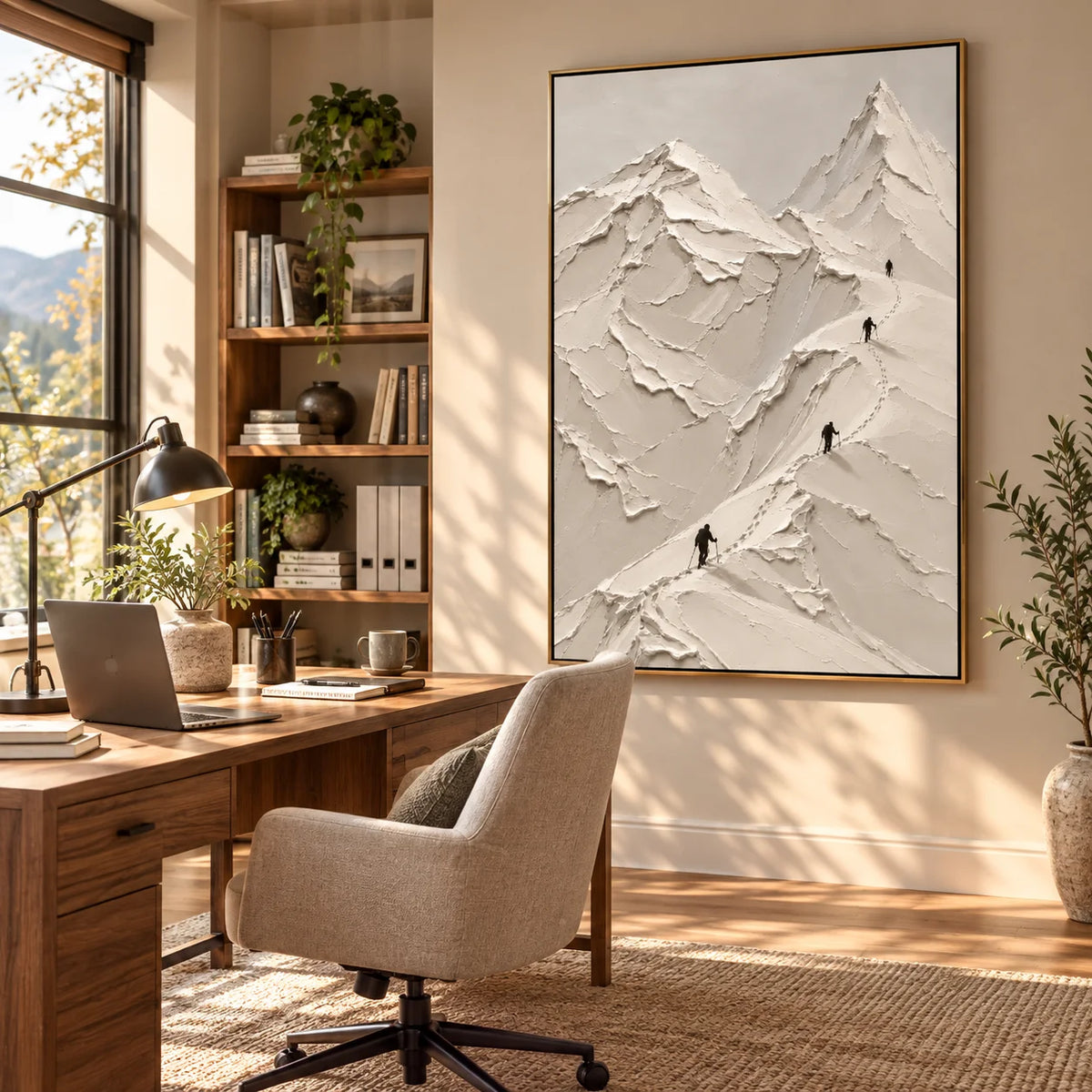 Ownanart Hand-Painted White Snow Mountain Textured Oil Painting – Minimalist 3D Impasto Alpine Peaks with Mountain Climbers, Neutral Abstract Landscape Wall Art for Modern Living Room