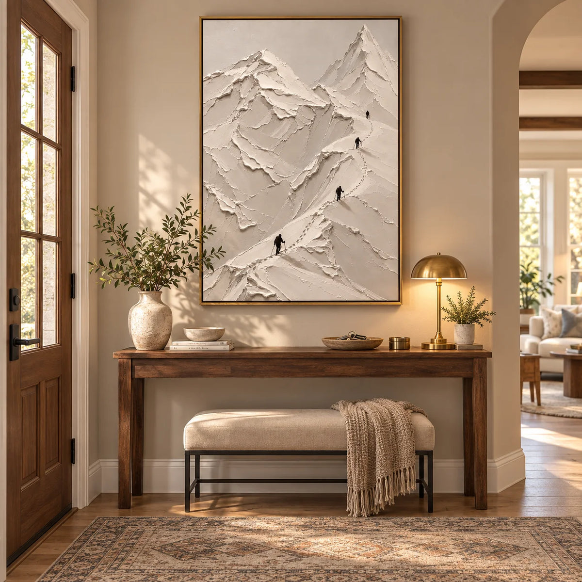 Ownanart Hand-Painted White Snow Mountain Textured Oil Painting – Minimalist 3D Impasto Alpine Peaks with Mountain Climbers, Neutral Abstract Landscape Wall Art for Modern Living Room