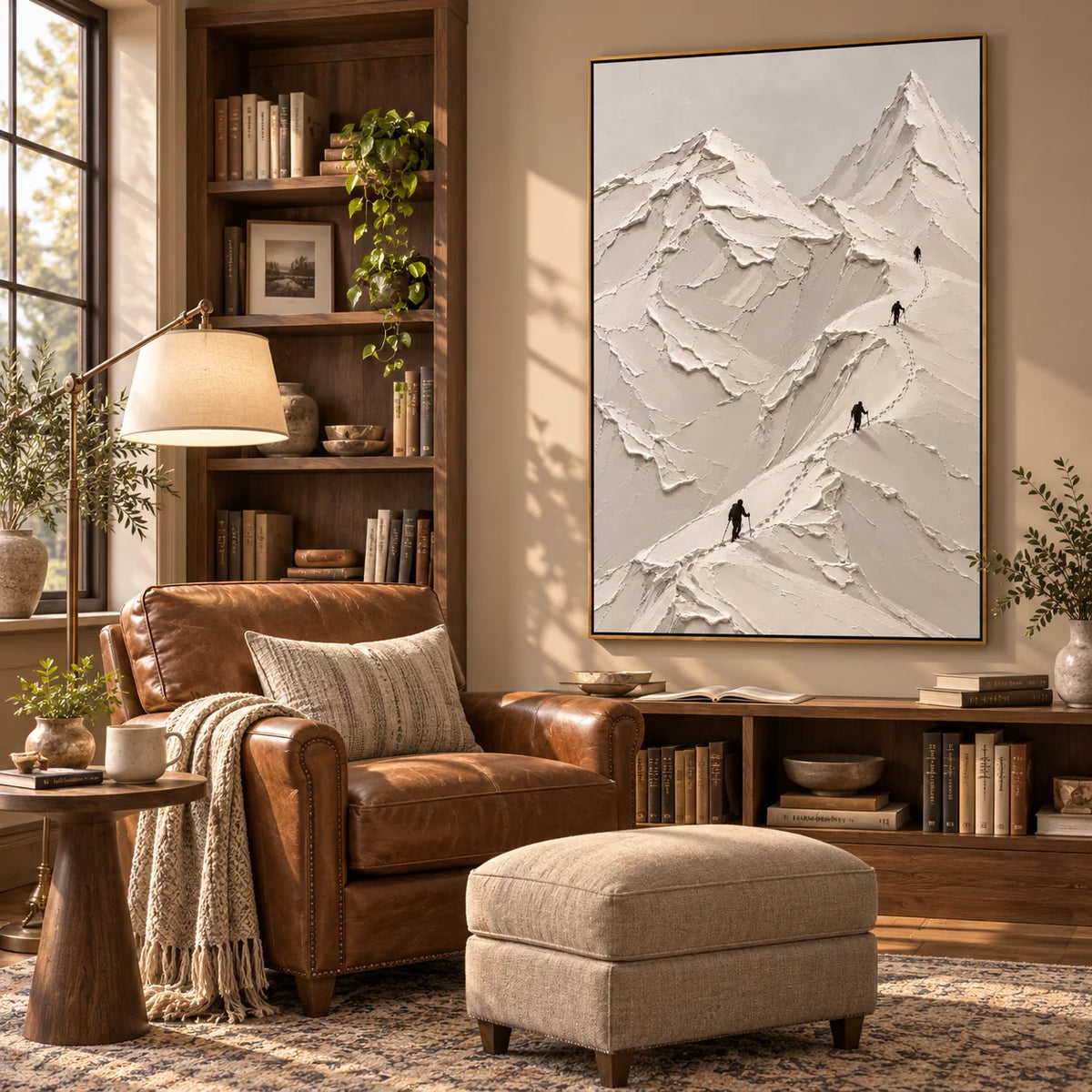 Ownanart Hand-Painted White Snow Mountain Textured Oil Painting – Minimalist 3D Impasto Alpine Peaks with Mountain Climbers, Neutral Abstract Landscape Wall Art for Modern Living Room