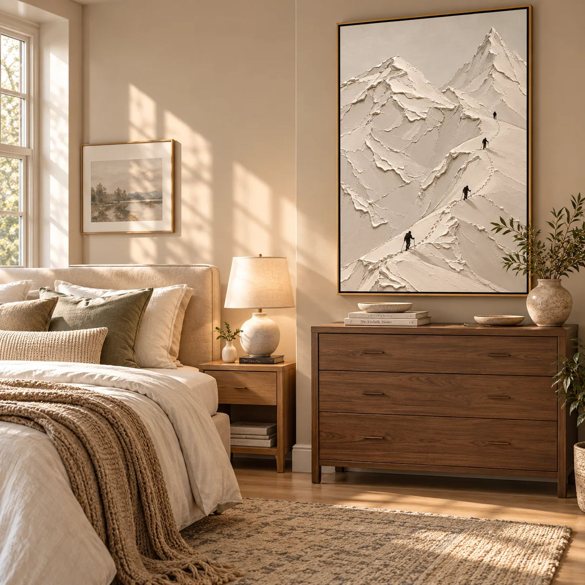Ownanart Hand-Painted White Snow Mountain Textured Oil Painting – Minimalist 3D Impasto Alpine Peaks with Mountain Climbers, Neutral Abstract Landscape Wall Art for Modern Living Room