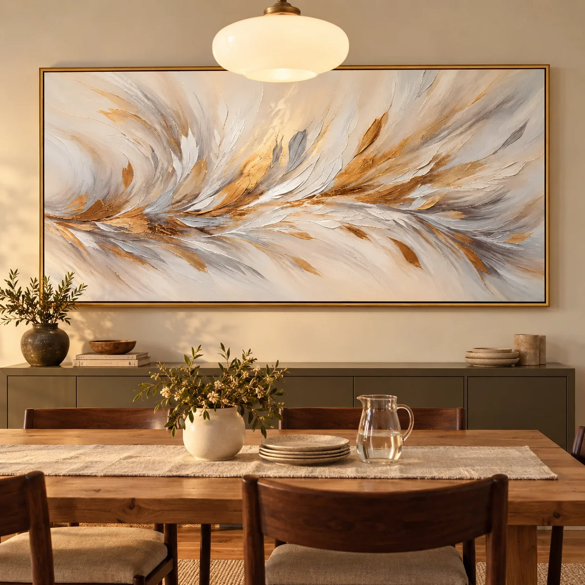Ownanart Hand-Painted White and Gold Abstract Oil Painting – Flowing Feather-Inspired Texture, Large Horizontal Canvas Wall Art