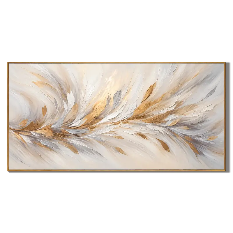 Ownanart Hand-Painted White and Gold Abstract Oil Painting – Flowing Feather-Inspired Texture, Large Horizontal Canvas Wall Art