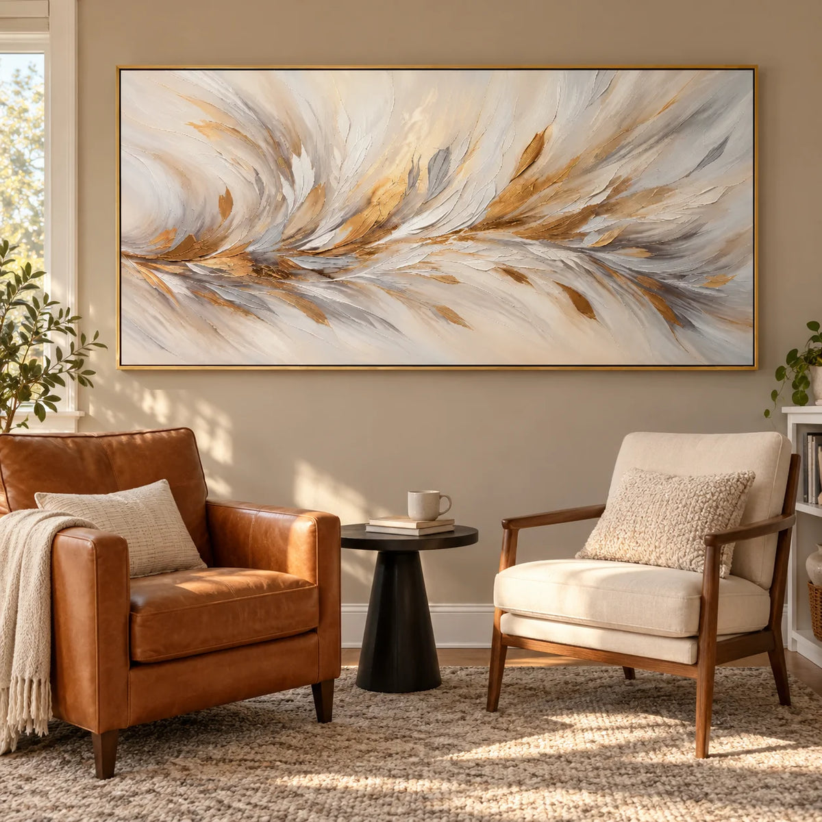 Ownanart Hand-Painted White and Gold Abstract Oil Painting – Flowing Feather-Inspired Texture, Large Horizontal Canvas Wall Art
