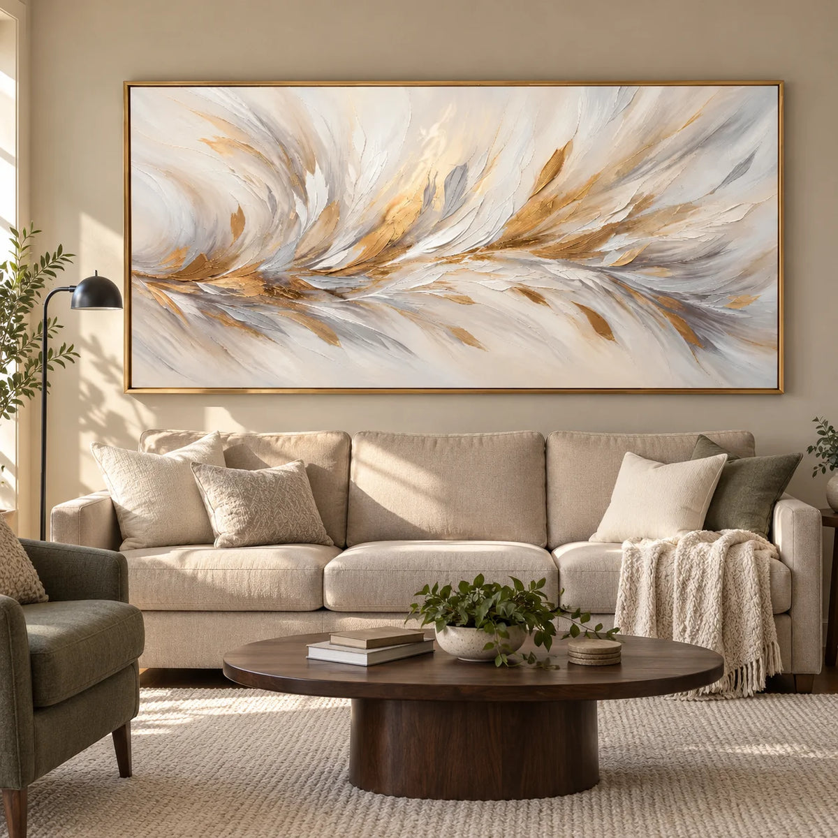 Ownanart Hand-Painted White and Gold Abstract Oil Painting – Flowing Feather-Inspired Texture, Large Horizontal Canvas Wall Art