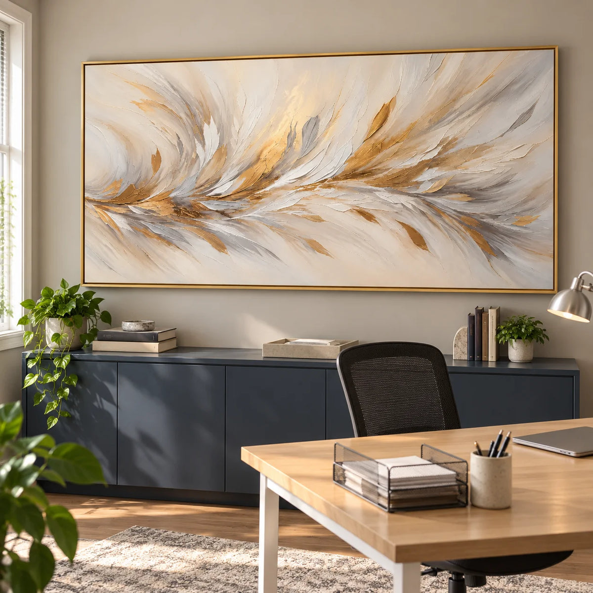 Ownanart Hand-Painted White and Gold Abstract Oil Painting – Flowing Feather-Inspired Texture, Large Horizontal Canvas Wall Art