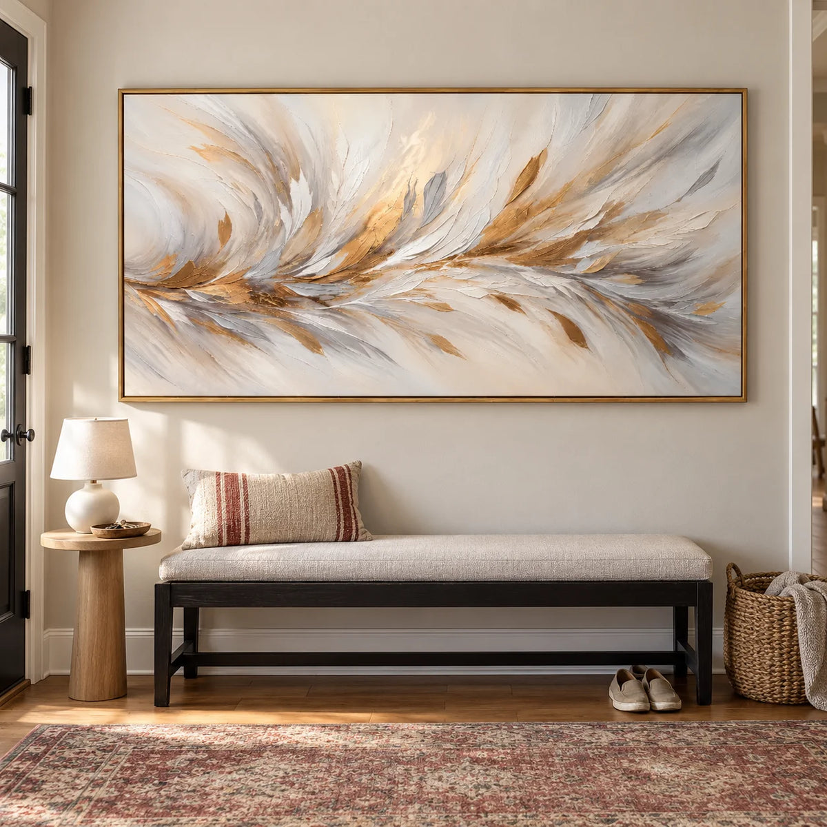 Ownanart Hand-Painted White and Gold Abstract Oil Painting – Flowing Feather-Inspired Texture, Large Horizontal Canvas Wall Art