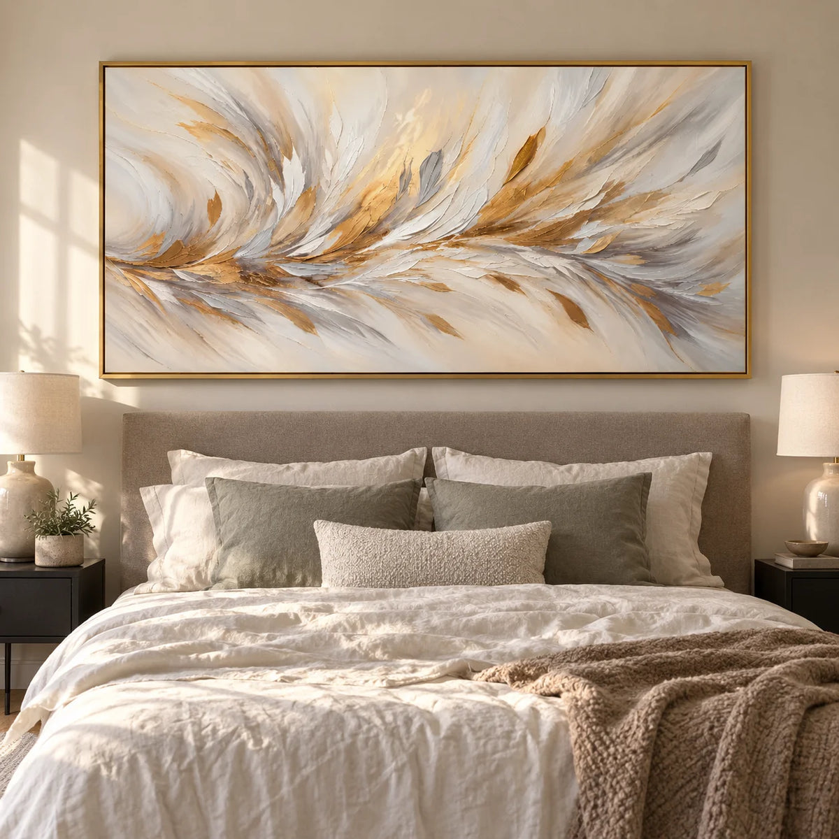 Ownanart Hand-Painted White and Gold Abstract Oil Painting – Flowing Feather-Inspired Texture, Large Horizontal Canvas Wall Art
