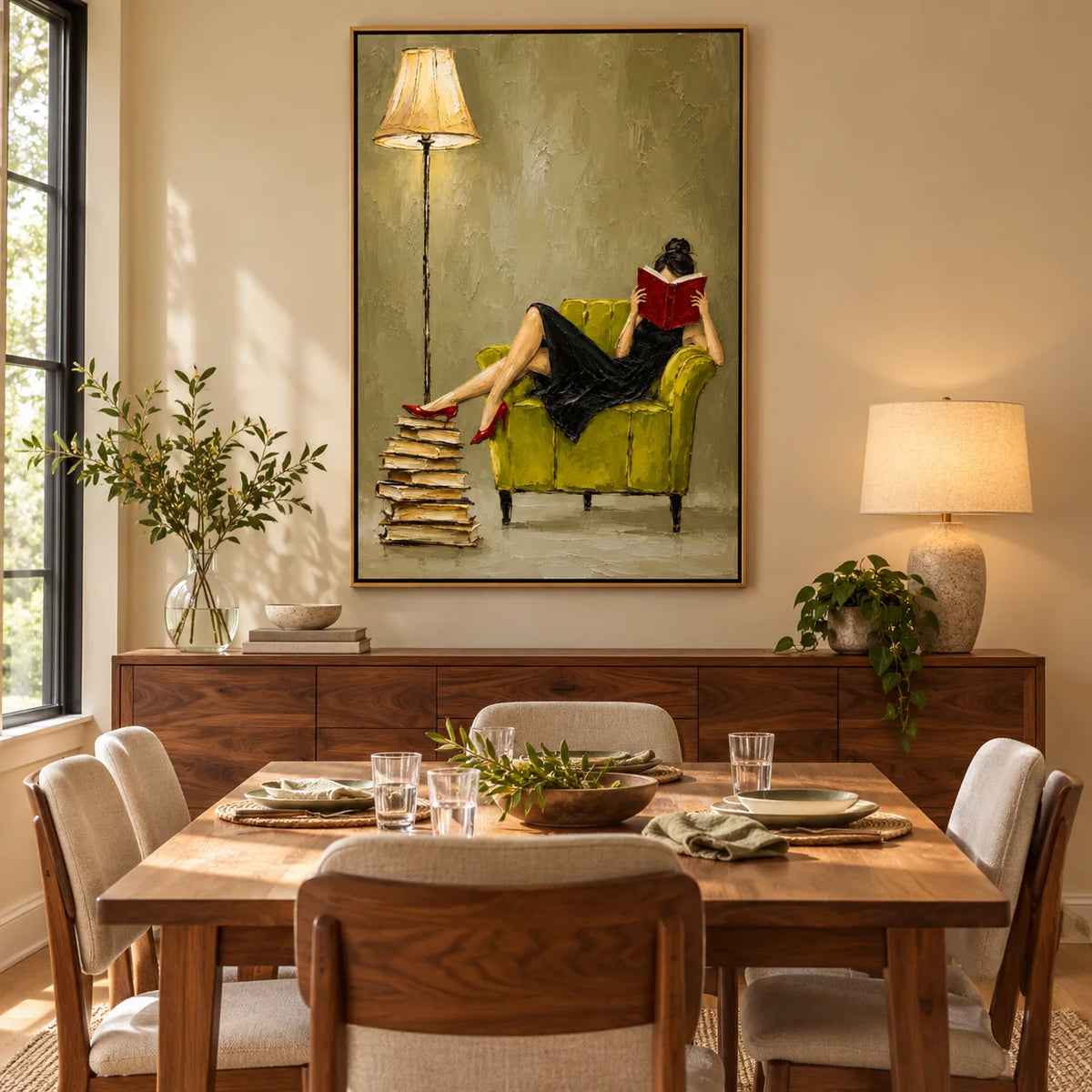 Ownanart Hand-Painted Woman Reading Oil Painting – Black Dress, Red Book and Green Armchair Figurative Wall Art for Reading Nook