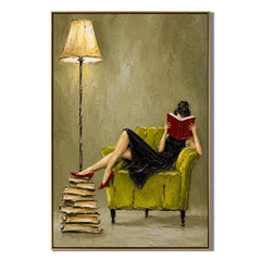 Ownanart Hand-Painted Woman Reading Oil Painting – Black Dress, Red Book and Green Armchair Figurative Wall Art for Reading Nook #OA 1402