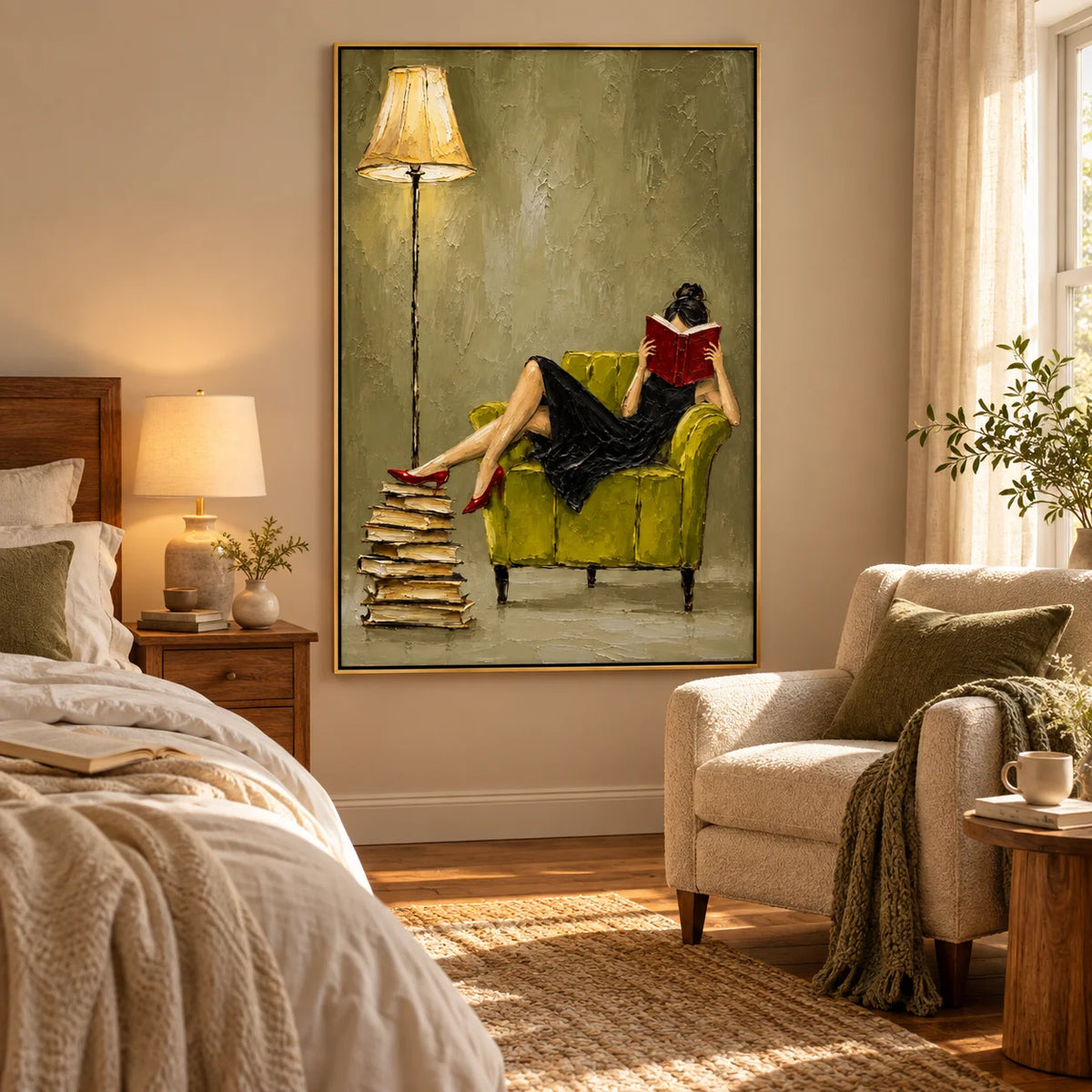 Ownanart Hand-Painted Woman Reading Oil Painting – Black Dress, Red Book and Green Armchair Figurative Wall Art for Reading Nook