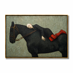 Hand-Painted Woman Resting on Black Horse Oil Painting, Textured Equestrian Canvas Wall Art for Luxury Home Decor#OA 0945