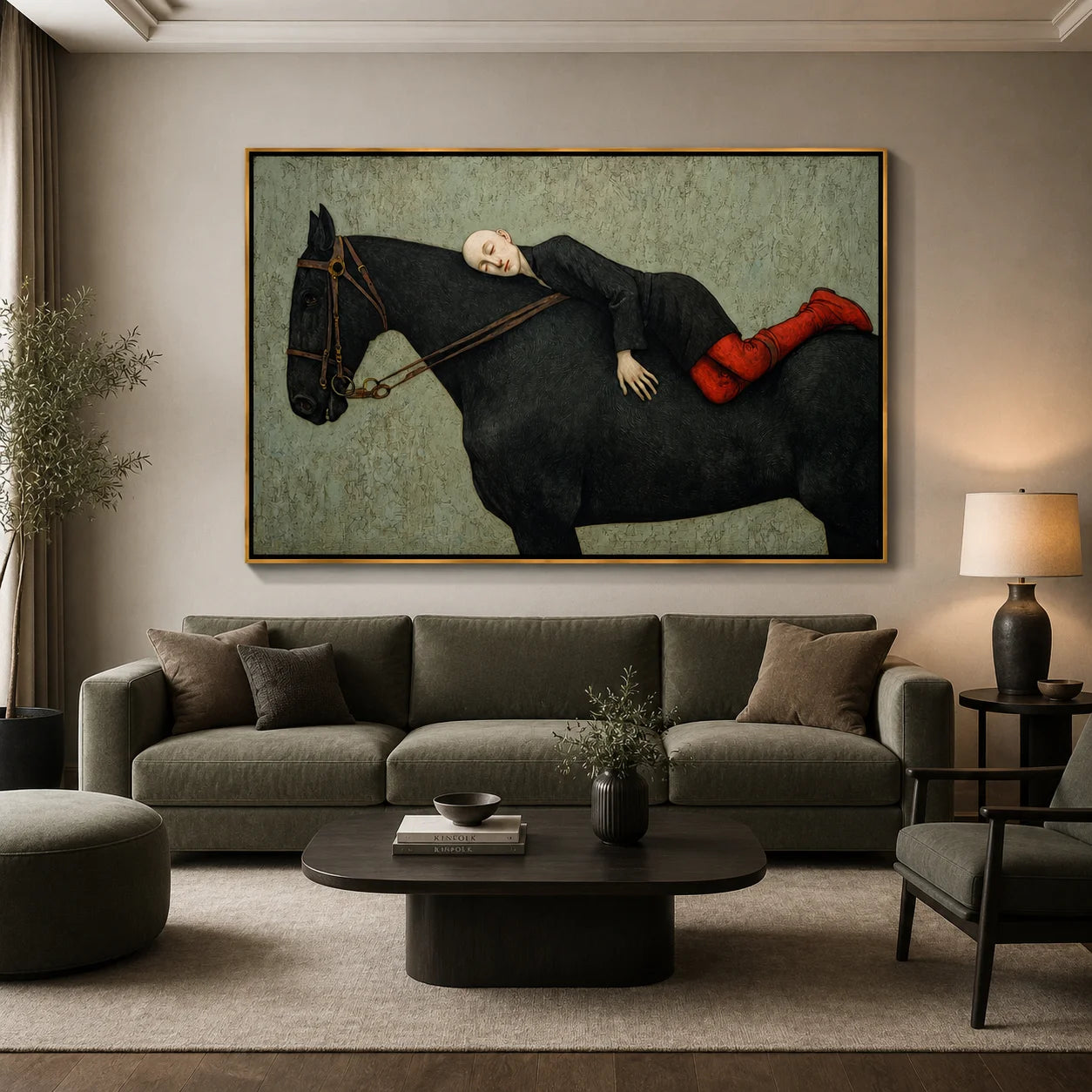Hand-Painted Woman Resting on Black Horse Oil Painting, Textured Equestrian Canvas Wall Art for Luxury Home Decor#OA 0945
