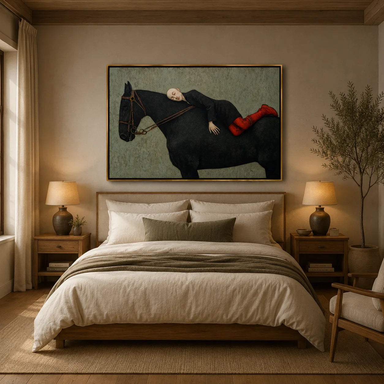 Hand-Painted Woman Resting on Black Horse Oil Painting, Textured Equestrian Canvas Wall Art for Luxury Home Decor#OA 0945