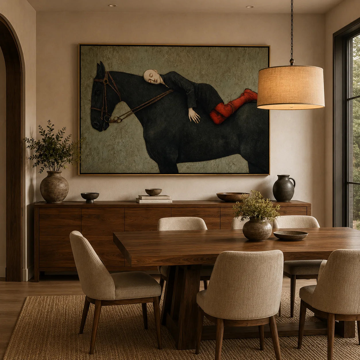 Hand-Painted Woman Resting on Black Horse Oil Painting, Textured Equestrian Canvas Wall Art for Luxury Home Decor#OA 0945