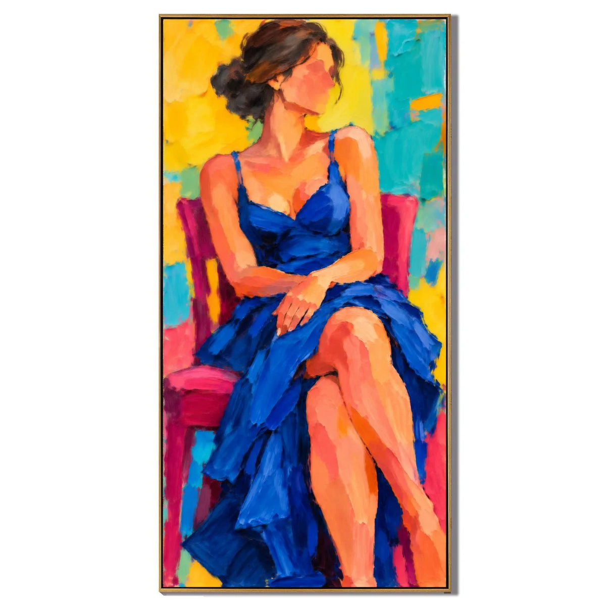 Ownanart Hand-Painted Woman in Blue Dress Oil Painting – Colorful Seated Female Portrait, Textured Figurative Canvas Wall Art for Living Room & Bedroom