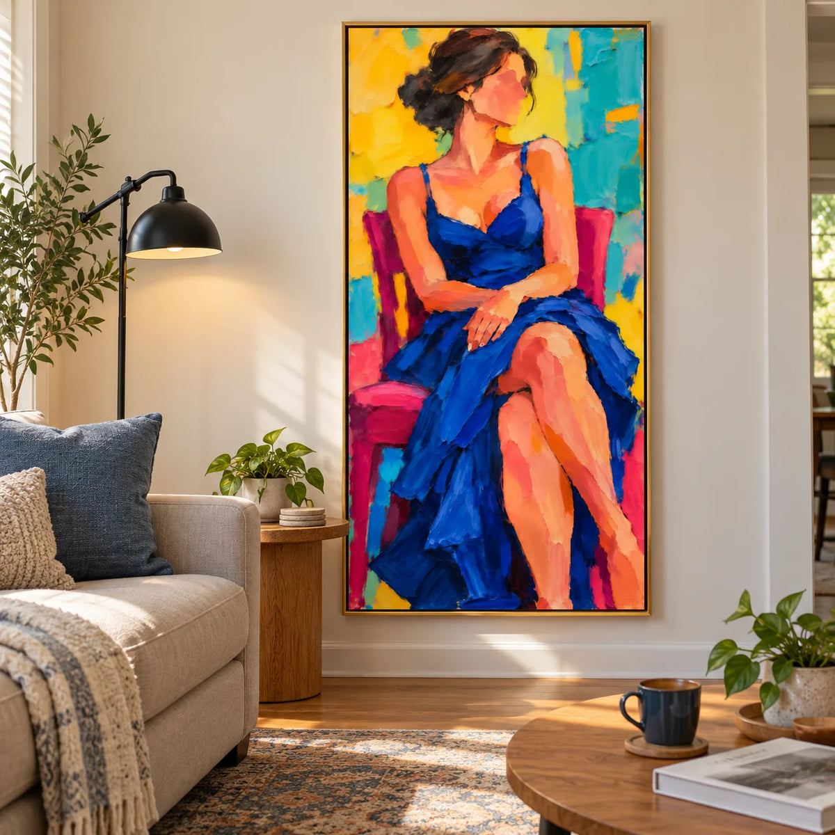 Ownanart Hand-Painted Woman in Blue Dress Oil Painting – Colorful Seated Female Portrait, Textured Figurative Canvas Wall Art for Living Room & Bedroom