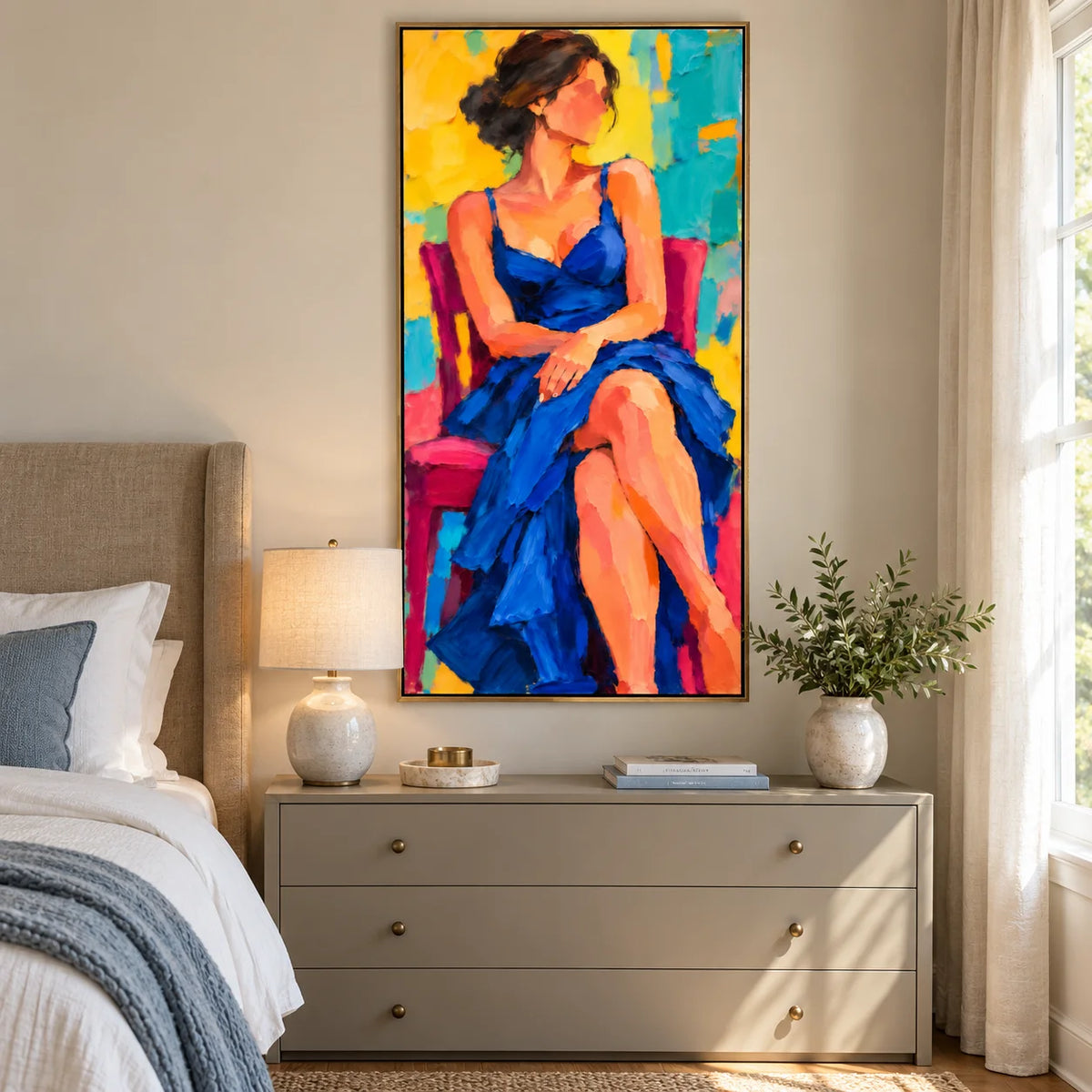 Ownanart Hand-Painted Woman in Blue Dress Oil Painting – Colorful Seated Female Portrait, Textured Figurative Canvas Wall Art for Living Room & Bedroom