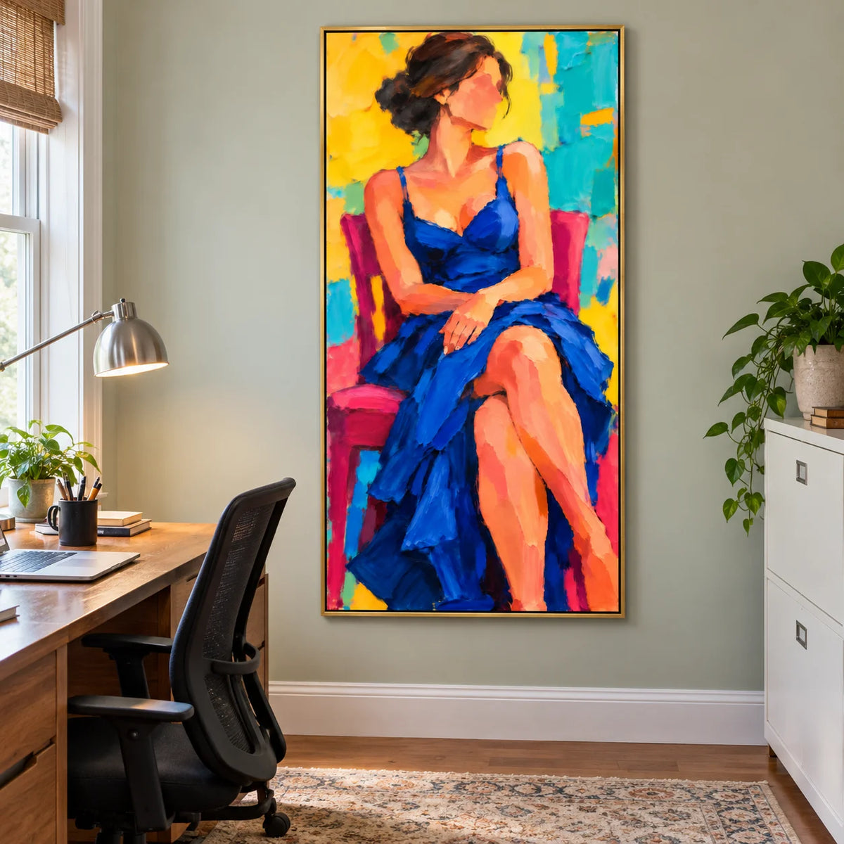Ownanart Hand-Painted Woman in Blue Dress Oil Painting – Colorful Seated Female Portrait, Textured Figurative Canvas Wall Art for Living Room & Bedroom