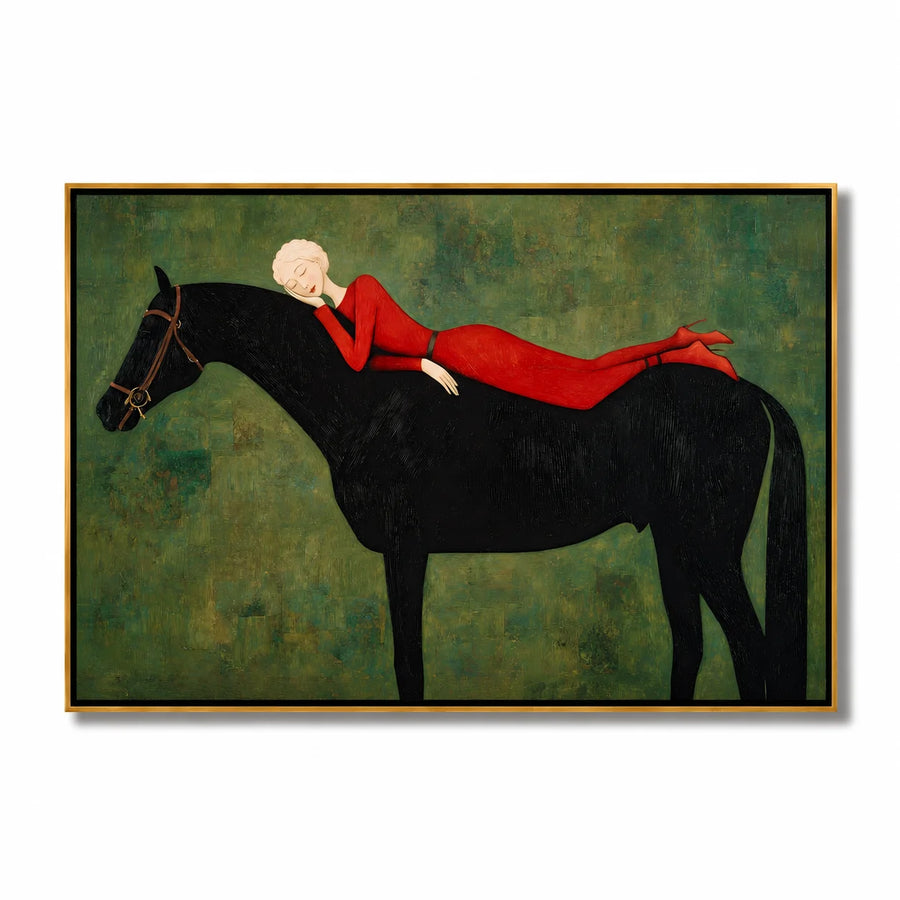 Hand-Painted Woman on Black Horse Oil Painting, Textured Equestrian Canvas Wall Art for Luxury Home Decor#OA 0944
