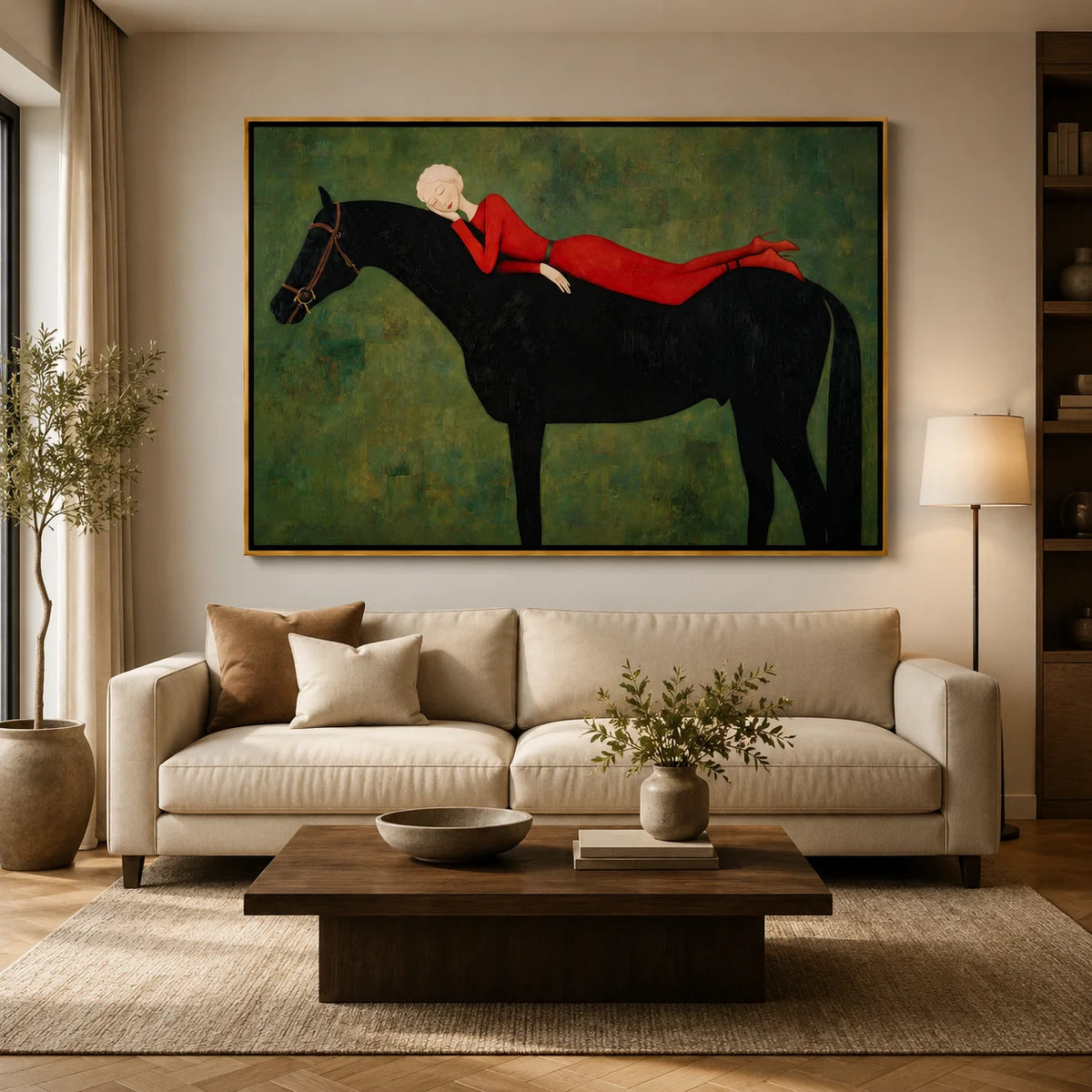 Hand-Painted Woman on Black Horse Oil Painting, Textured Equestrian Canvas Wall Art for Luxury Home Decor#OA 0944