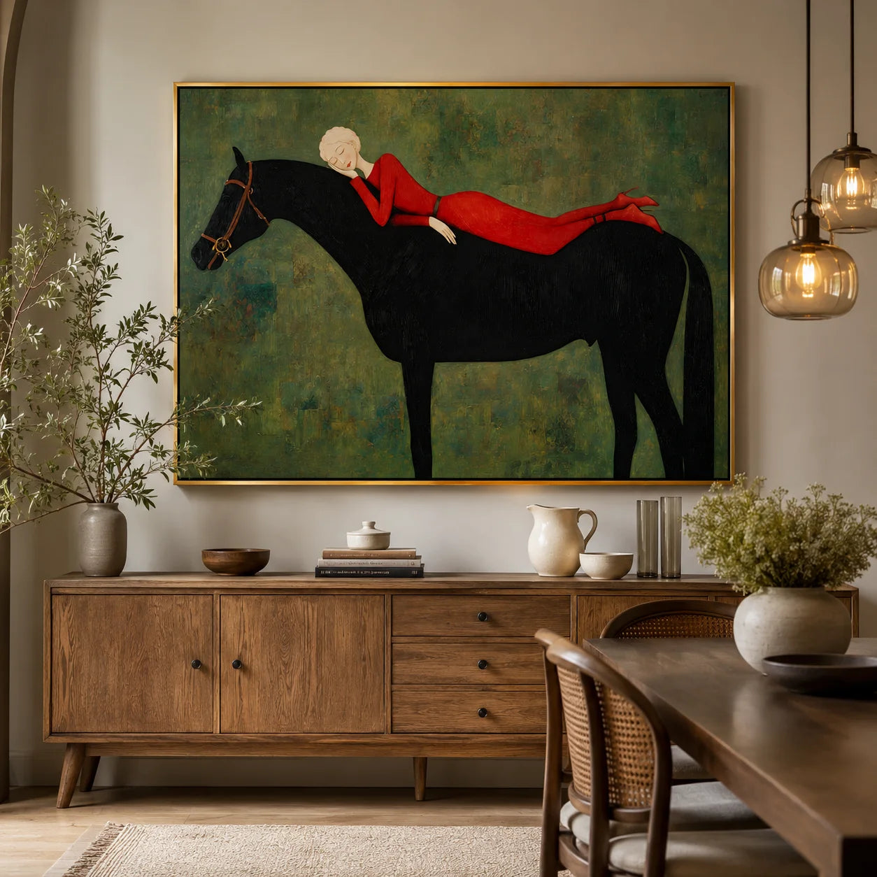 Hand-Painted Woman on Black Horse Oil Painting, Textured Equestrian Canvas Wall Art for Luxury Home Decor#OA 0944