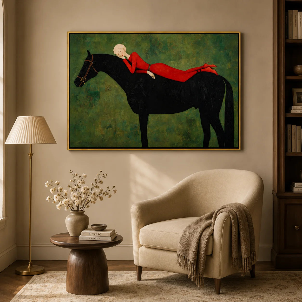 Hand-Painted Woman on Black Horse Oil Painting, Textured Equestrian Canvas Wall Art for Luxury Home Decor#OA 0944