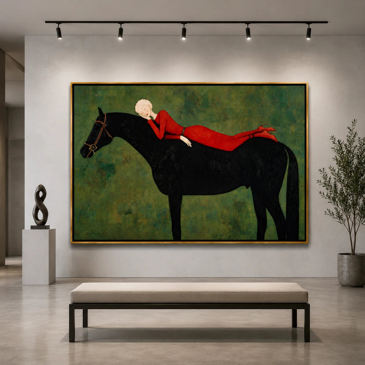 Hand-Painted Woman on Black Horse Oil Painting, Textured Equestrian Canvas Wall Art for Luxury Home Decor#OA 0944