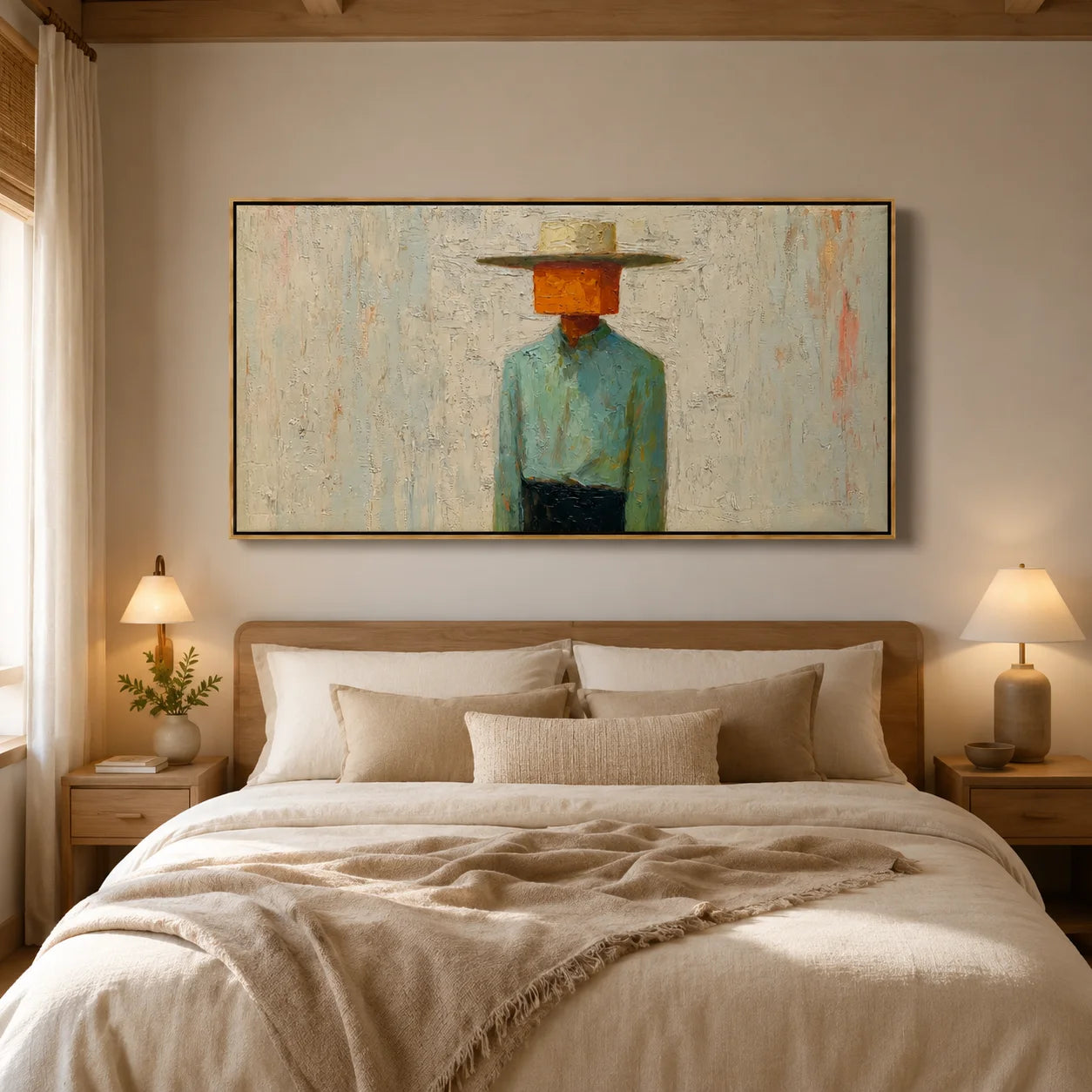 Horizontal Abstract Cowboy Hand-Painted Oil Painting, Textured Western Wall Art for Modern Home Decor#OA 0968