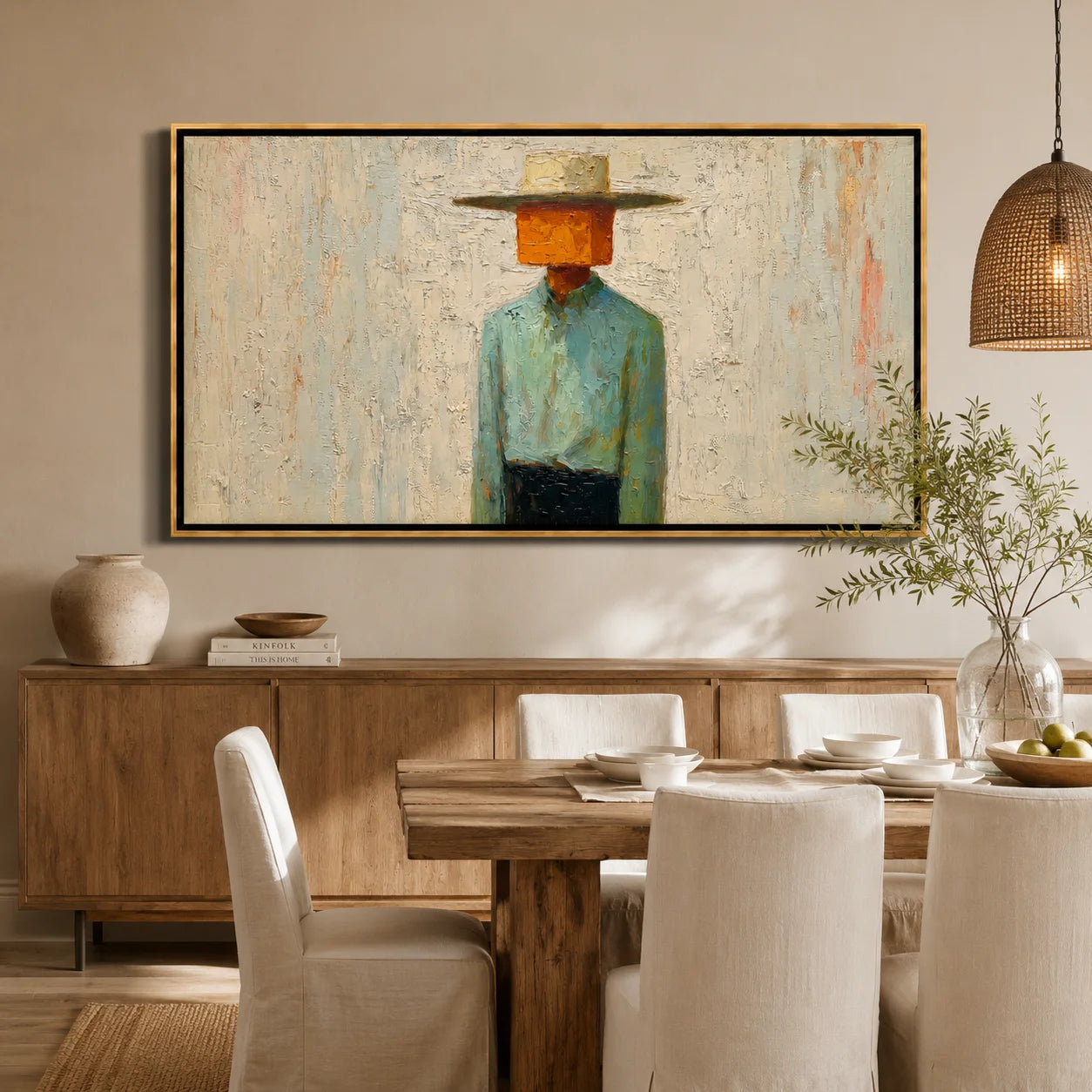 Horizontal Abstract Cowboy Hand-Painted Oil Painting, Textured Western Wall Art for Modern Home Decor#OA 0968
