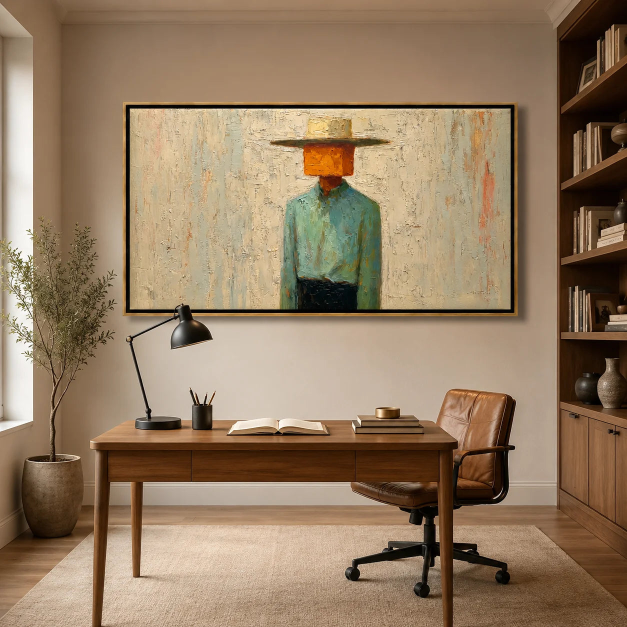 Horizontal Abstract Cowboy Hand-Painted Oil Painting, Textured Western Wall Art for Modern Home Decor#OA 0968