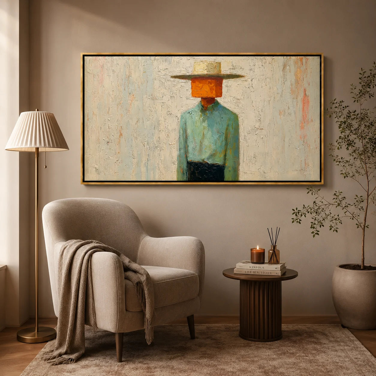 Horizontal Abstract Cowboy Hand-Painted Oil Painting, Textured Western Wall Art for Modern Home Decor#OA 0968