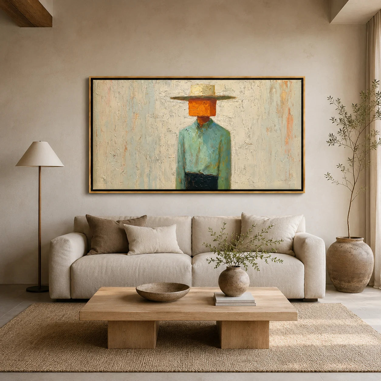 Horizontal Abstract Cowboy Hand-Painted Oil Painting, Textured Western Wall Art for Modern Home Decor#OA 0968