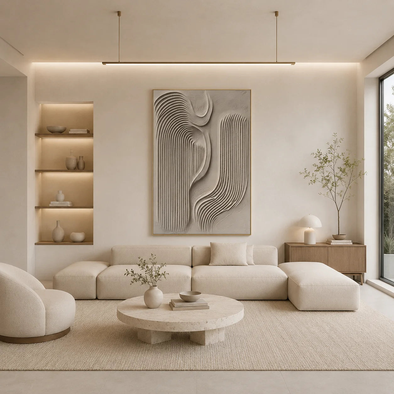 Ivory Abstract Flowing Geometric Textured Hand-Painted Oil Painting | 3D Wave and Arch Relief Wall Art for Modern Minimalist Interiors
