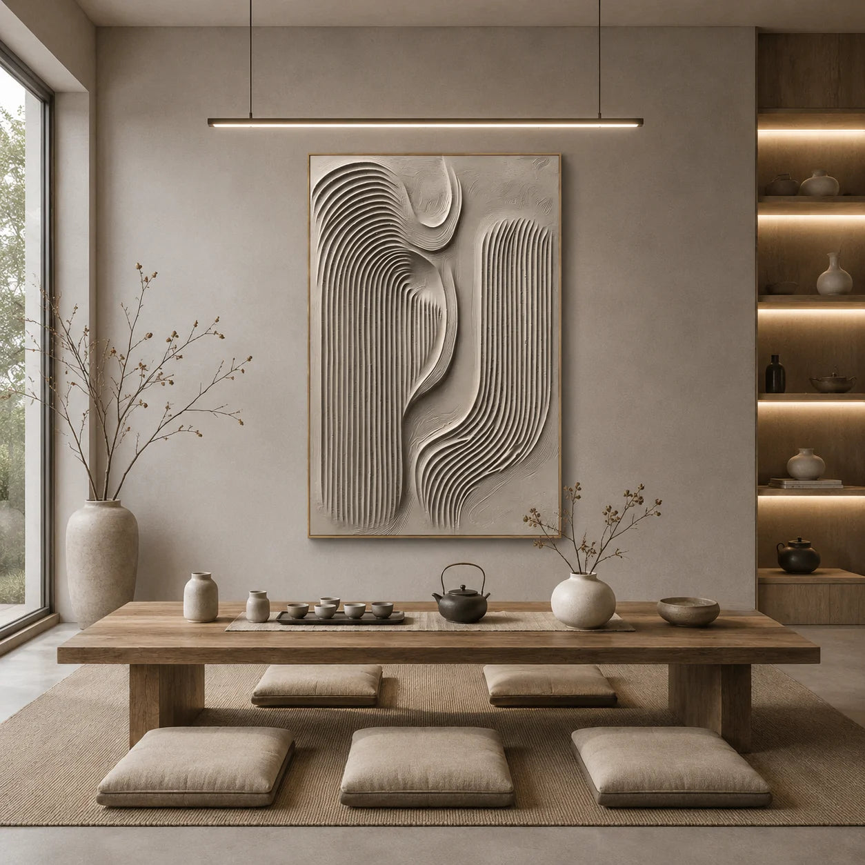 Ivory Abstract Flowing Geometric Textured Hand-Painted Oil Painting | 3D Wave and Arch Relief Wall Art for Modern Minimalist Interiors