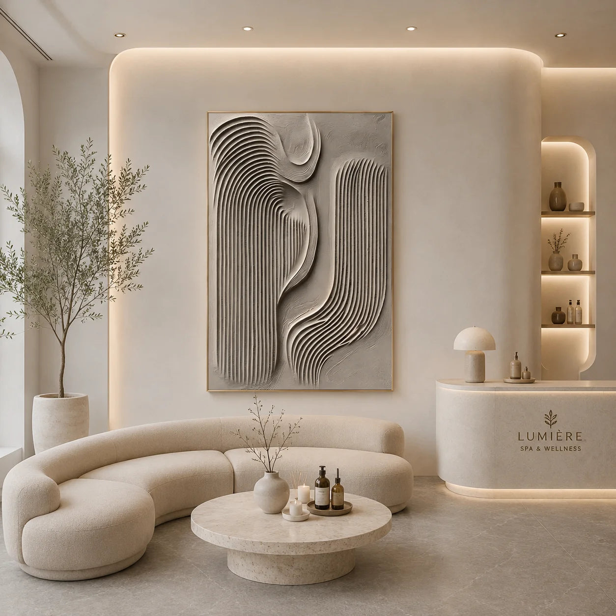 Ivory Abstract Flowing Geometric Textured Hand-Painted Oil Painting | 3D Wave and Arch Relief Wall Art for Modern Minimalist Interiors