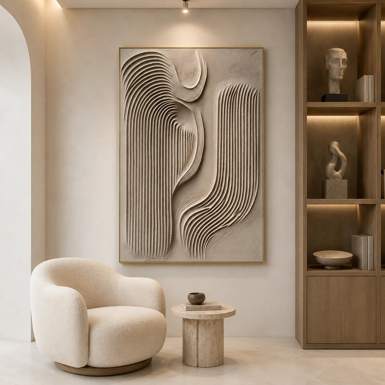 Ivory Abstract Flowing Geometric Textured Hand-Painted Oil Painting | 3D Wave and Arch Relief Wall Art for Modern Minimalist Interiors