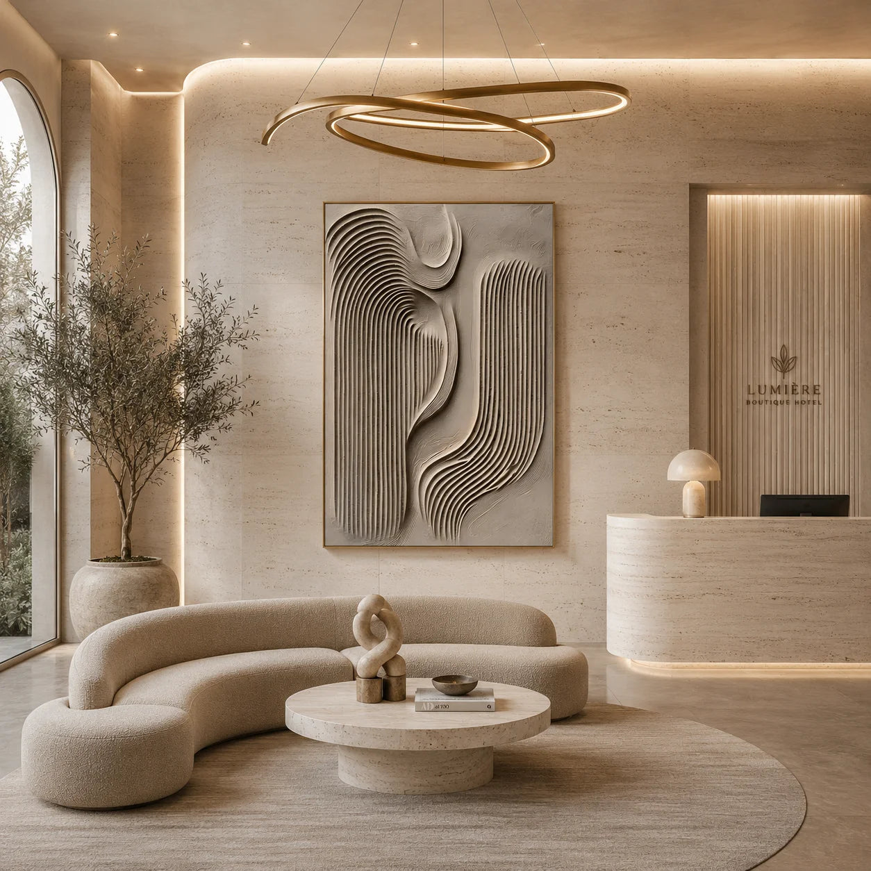 Ivory Abstract Flowing Geometric Textured Hand-Painted Oil Painting | 3D Wave and Arch Relief Wall Art for Modern Minimalist Interiors