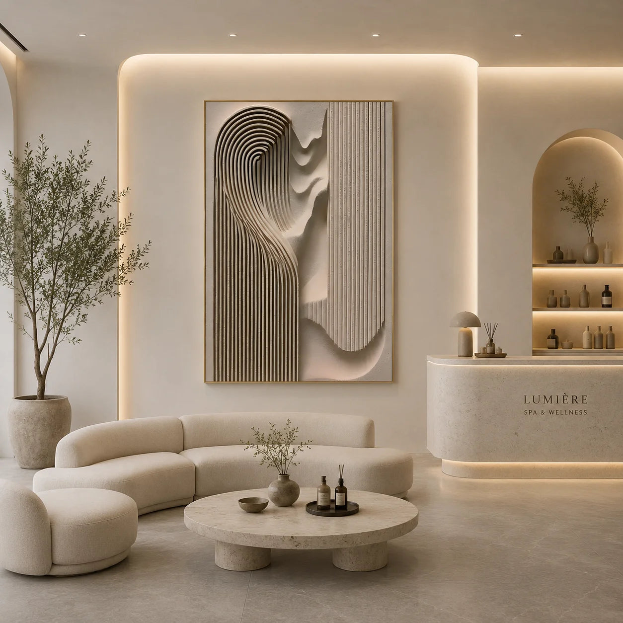 Ivory Minimalist Geometric Line Textured Hand-Painted Oil Painting | 3D Arched Wave Relief Abstract Wall Art for Living Room, Bedroom and Entryway