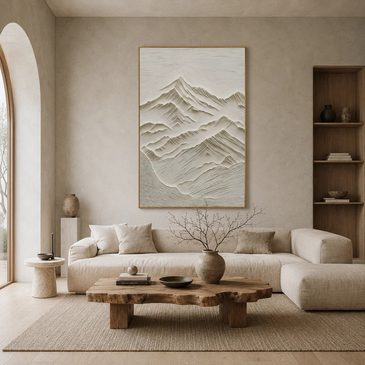 Ivory Minimalist Mountain Line Textured Hand-Painted Oil Painting | Modern Relief Abstract Landscape Wall Art for Living Room, Bedroom and Study