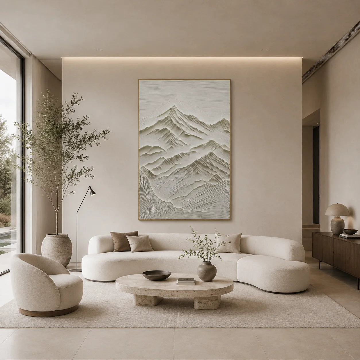 Ivory Minimalist Mountain Line Textured Hand-Painted Oil Painting | Modern Relief Abstract Landscape Wall Art for Living Room, Bedroom and Study