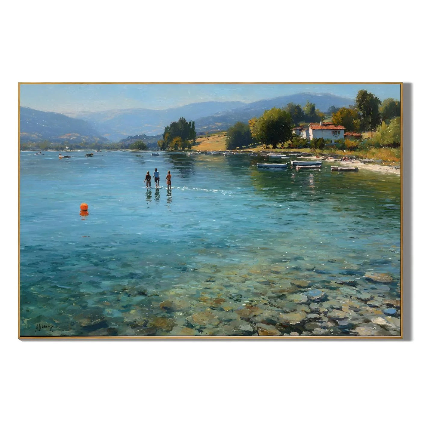 Lakeside Summer Landscape Hand-Painted Oil Painting, Serene Lake Wall Art for Living Room Decor # OA 1060