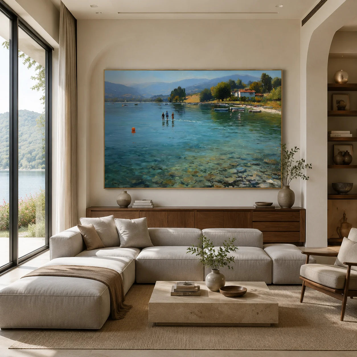 Lakeside Summer Landscape Hand-Painted Oil Painting, Serene Lake Wall Art for Living Room Decor # OA 1060