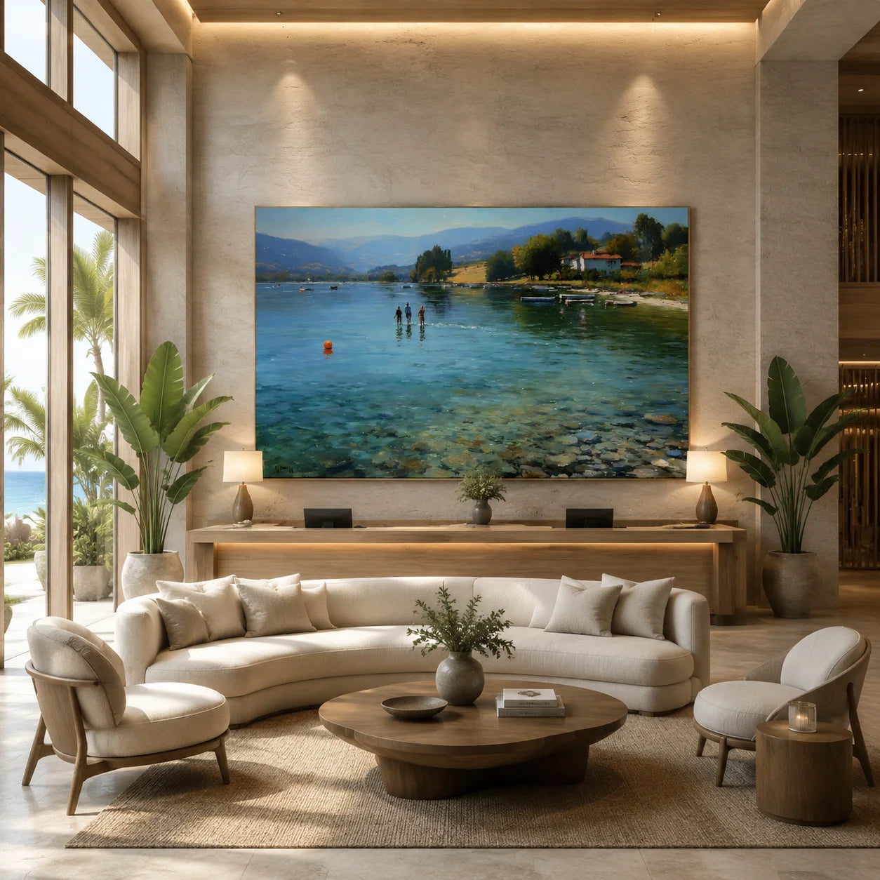 Lakeside Summer Landscape Hand-Painted Oil Painting, Serene Lake Wall Art for Living Room Decor # OA 1060