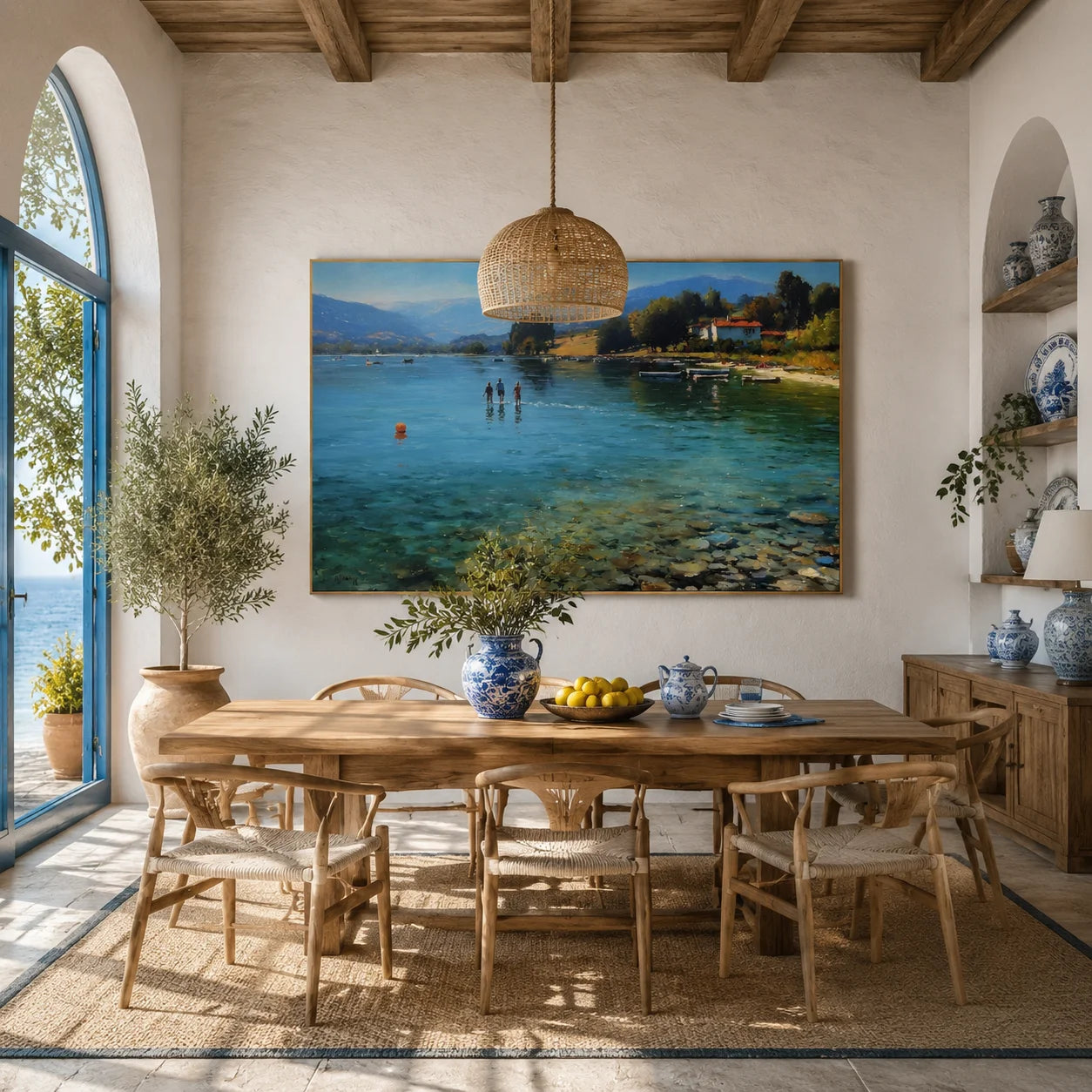 Lakeside Summer Landscape Hand-Painted Oil Painting, Serene Lake Wall Art for Living Room Decor # OA 1060