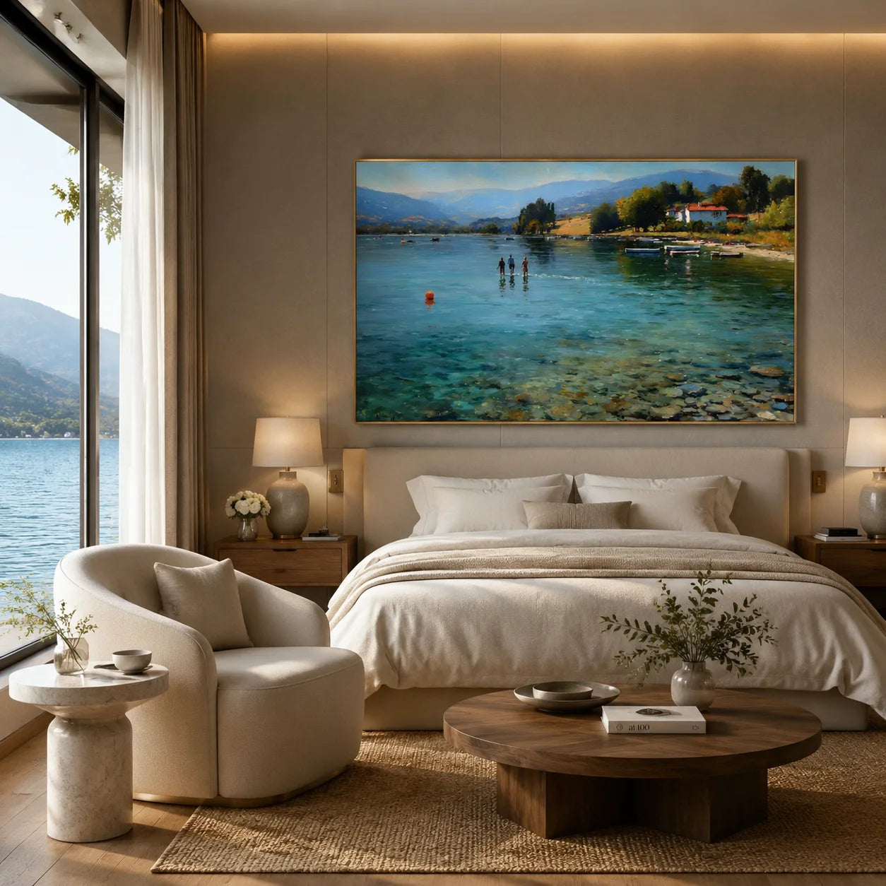 Lakeside Summer Landscape Hand-Painted Oil Painting, Serene Lake Wall Art for Living Room Decor # OA 1060