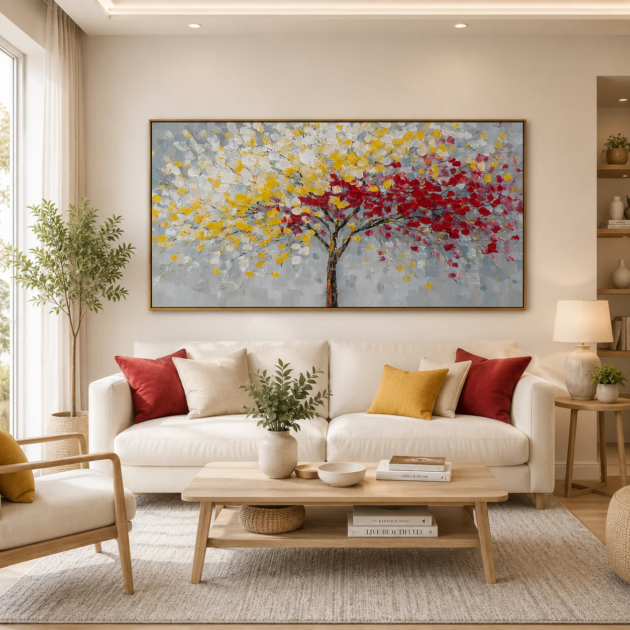 Large Colorful Tree Abstract Wall Art – Red Yellow Textured Canvas for Modern Living Room Decor