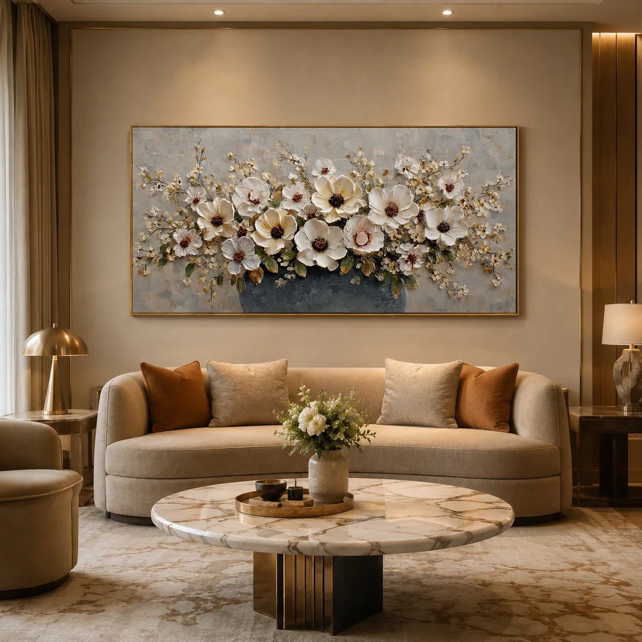 Large Floral Canvas Wall Art – Elegant White Flower Bouquet Painting in Vase for Living Room Decor#OA 0845